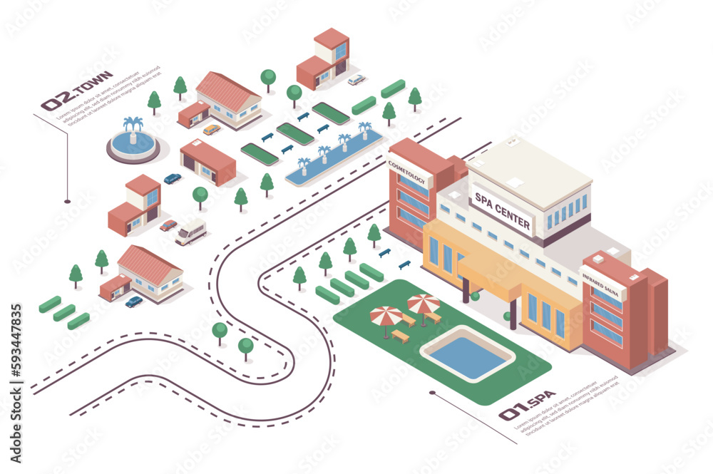SPA center concept 3d isometric web infographic workflow process. Infrastructure map with buildings for professional massage and skincare treatments. Vector illustration in isometry graphic design