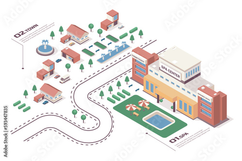 SPA center concept 3d isometric web infographic workflow process. Infrastructure map with buildings for professional massage and skincare treatments. Vector illustration in isometry graphic design