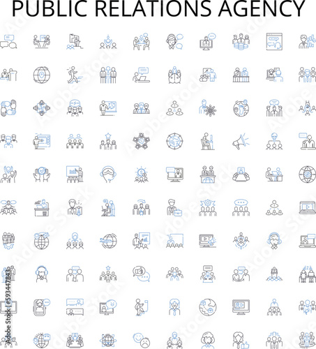 Public relations agency outline icons collection. Public, Relations, Agency, PR, PR Agency, Communications, Branding vector illustration set. Promotion, Strategy, Media linear signs