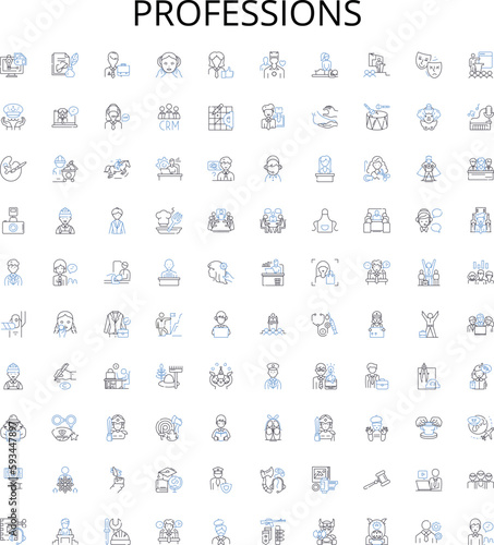 Professions outline icons collection. Doctor, Lawyer, Teacher, Engineer, Pilot, Musician, Chef vector illustration set. Dentist, Actor, Artist linear signs