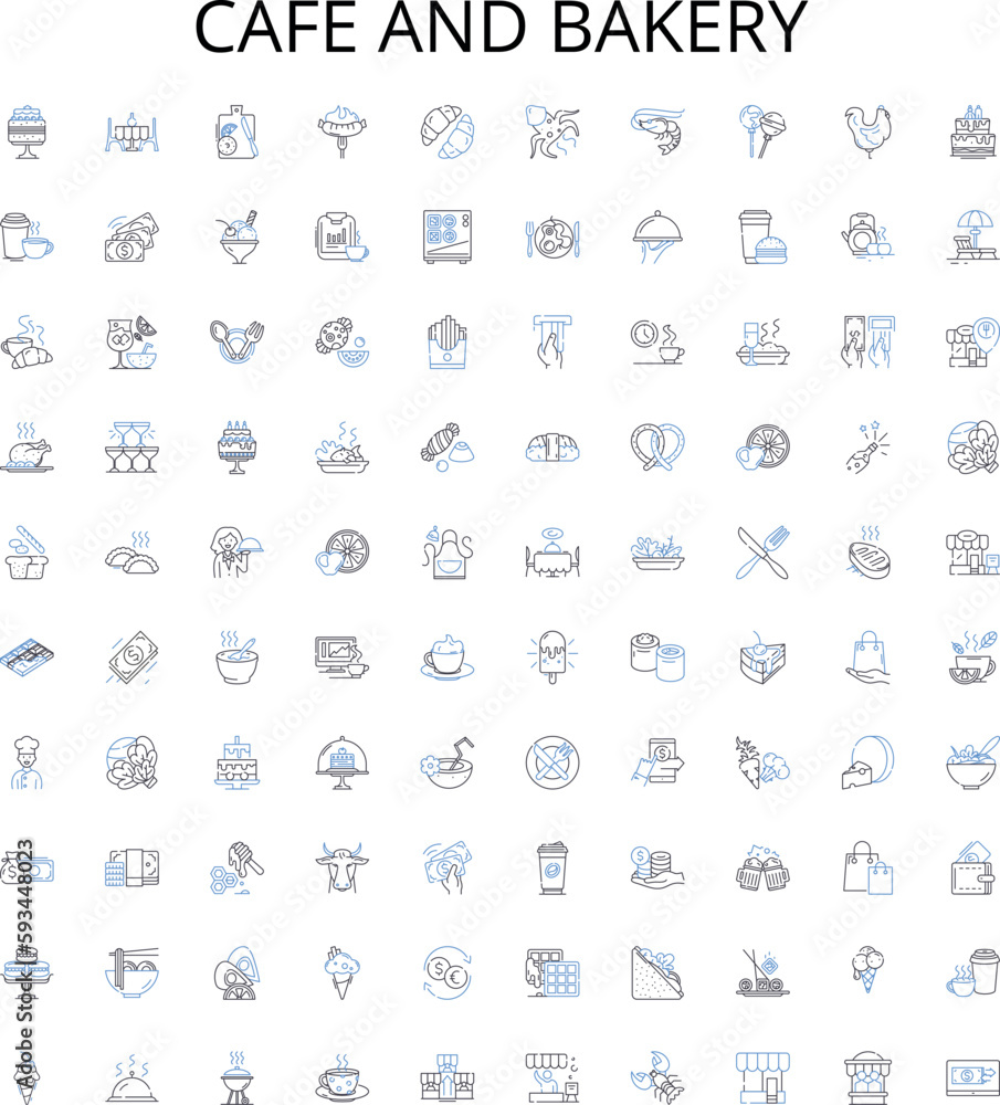 Cafe and bakery outline icons collection. Cafe, Bakery, Coffee, Tea, Cake, Dessert, Pastry vector illustration set. Muffin, Croissant, Cookies linear signs Cafe and bakery outline icons collection. Cafe, Bakery, Coffee, Tea, Cake, Dessert, Pastry vector illustration set. Muffin, Croissant, Cookies linear signs