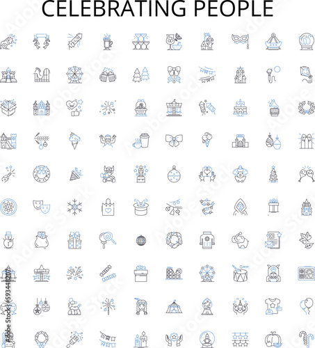 Celebrating people outline icons collection. Commemorate, Salute, Commend, Admire, Honour, Appreciate, Praise vector illustration set. Cherish, Congratulate, Revere linear signs