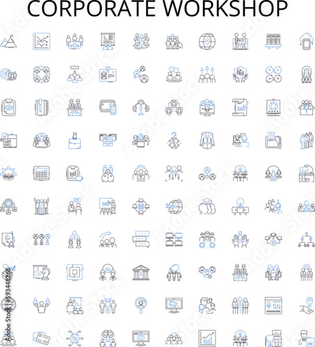 Corporate workshop outline icons collection. Corporate, Workshop, Training, Seminar, Business, Planning, Management vector illustration set. Development, Skills, Conclave linear signs