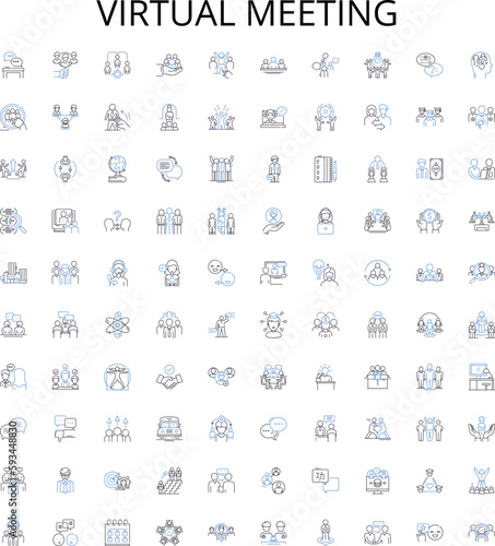Virtual meeting outline icons collection. Online, Conferencing, Videoconferencing, Webinar, Teleconferencing, Zoom, Hangout vector illustration set. Collaboration, Gatherings, Webcasting linear signs