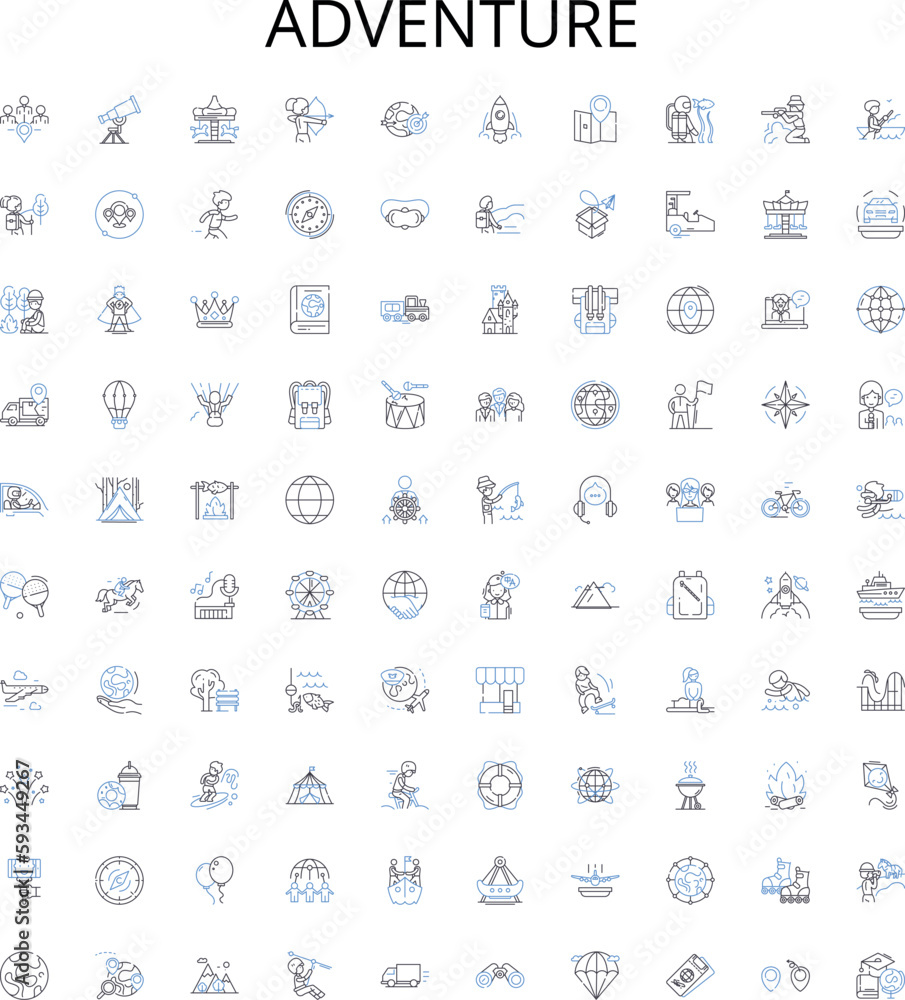 Adventure outline icons collection. Exploration, Trekking, Hiking, Backpacking, Mountaineering, Climbing, Camping vector illustration set. Kayaking, Rafting, Canoeing linear signs Adventure outline icons collection. Exploration, Trekking, Hiking, Backpacking, Mountaineering, Climbing, Camping vector illustration set. Kayaking, Rafting, Canoeing linear signs