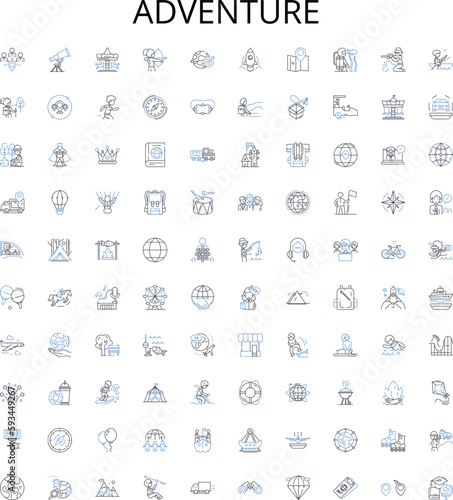 Adventure outline icons collection. Exploration, Trekking, Hiking, Backpacking, Mountaineering, Climbing, Camping vector illustration set. Kayaking, Rafting, Canoeing linear signs
