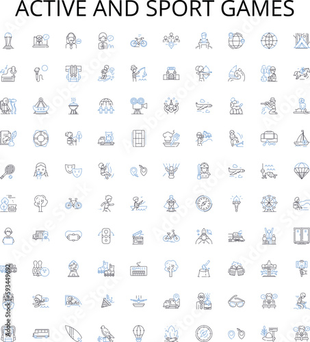 Active and sport games outline icons collection. Active, Sports, Games, Soccer, Basketball, Tennis, Volleyball vector illustration set. Golf, Lacrosse, Swimming linear signs