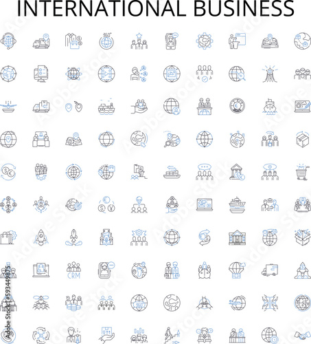 International business outline icons collection. Global, Trade, Export, Import, Cross-border, Outsourcing, Foreign vector illustration set. Partnership, Investment, Marketing linear signs