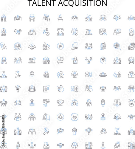 Talent acquisition outline icons collection. Recruiting, Hiring, Staffing, Sourcing, Screening, Attracting, Job-Seeking vector illustration set. Interviewing, Onboarding, Engaging linear signs