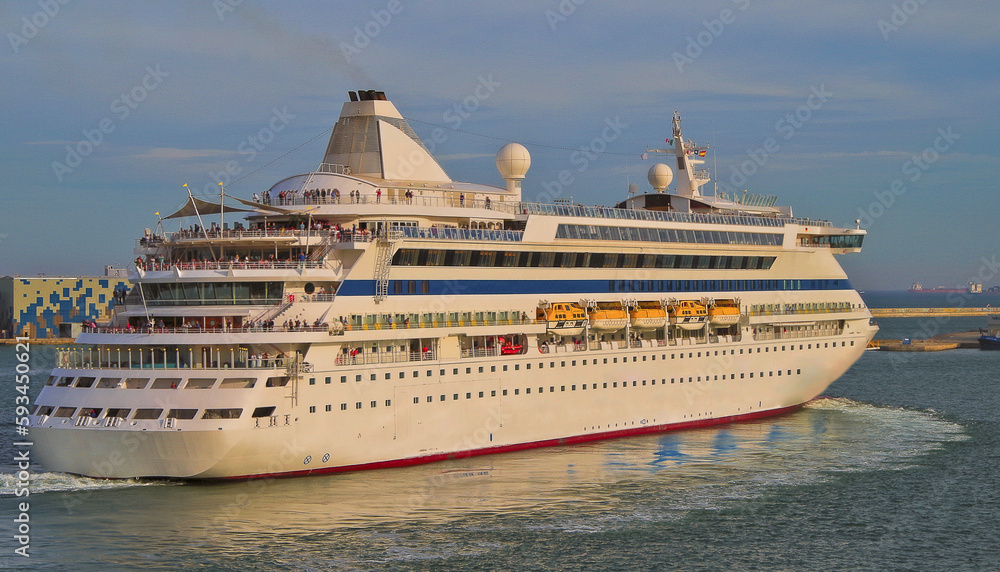 Modern Aida luxury club cruiseship cruise ship liner in port and sailing for dream holiday vacation