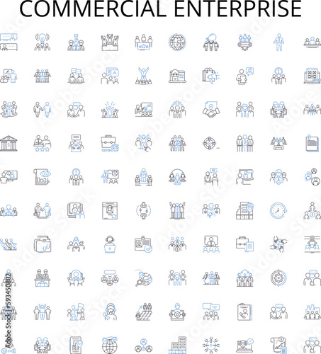 Commercial enterprise outline icons collection. Business, Firm, Company, Corporation, Store, Venture, Operation vector illustration set. Outlet, Establishment, Exchange linear signs
