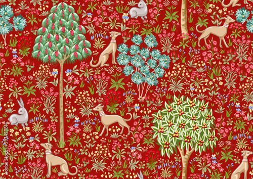 Traditional renaissance tapestry pattern with flowers, trees and animals. Millefleurs trendy floral design. Seamless pattern, background. Vector illustration.