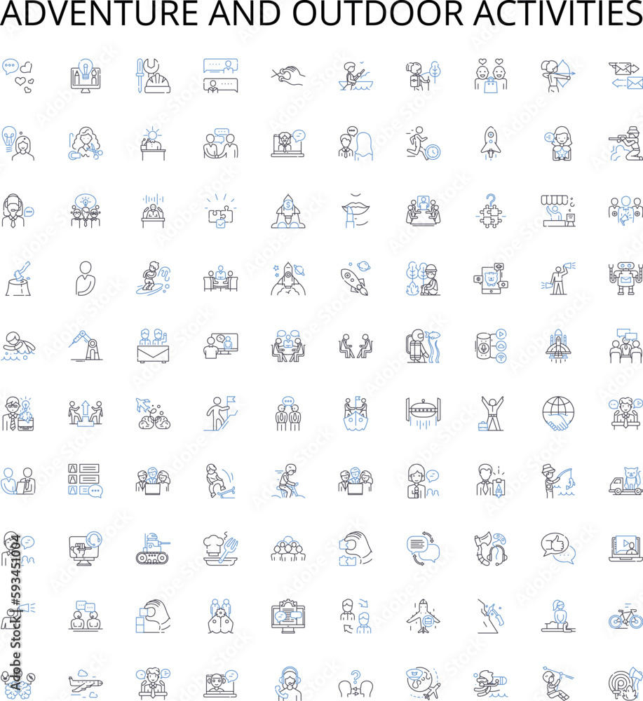 Adventure and outdoor activities outline icons collection. Hiking, Biking, camping, Trekking, Rock-climbing, Kayaking, Skiing vector illustration set. Snowboarding, Canoeing, Surfing linear signs Adventure and outdoor activities outline icons collection. Hiking, Biking, camping, Trekking, Rock-climbing, Kayaking, Skiing vector illustration set. Snowboarding, Canoeing, Surfing linear signs