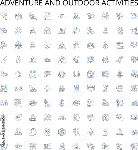 Adventure and outdoor activities outline icons collection. Hiking, Biking, camping, Trekking, Rock-climbing, Kayaking, Skiing vector illustration set. Snowboarding, Canoeing, Surfing linear signs