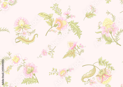 Fantasy flowers in retro, vintage, jacobean embroidery style. Seamless pattern, background. Vector illustration.