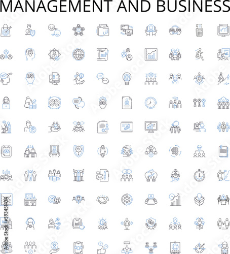 Management and business outline icons collection. Management, Business, Strategy, Planning, Organizing, Leadership, Teamwork vector illustration set. Administration, Marketing, Logistics linear signs