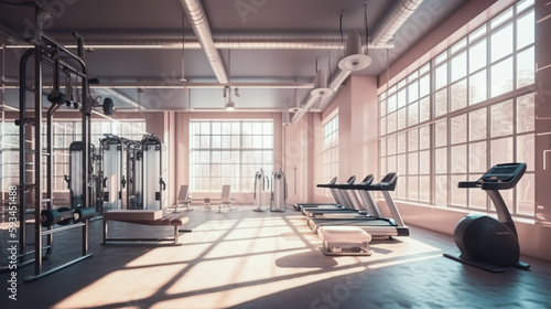 Gym with large window and light on wall. Generative AI.