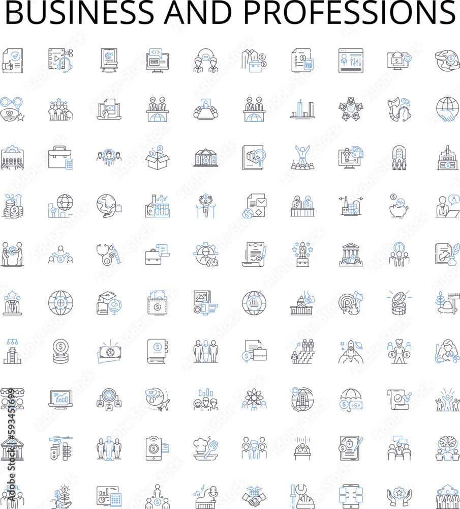 Business and professions outline icons collection. Management, Entrepreneur, Lawyer, Accountant, Engineer, Consultant, Analyst vector illustration set. Consultancy, Broker, Banking linear signs Business and professions outline icons collection. Management, Entrepreneur, Lawyer, Accountant, Engineer, Consultant, Analyst vector illustration set. Consultancy, Broker, Banking linear signs