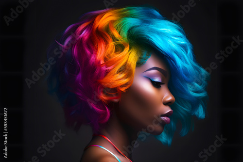 Portrait of young black african american beautiful girl woman with long length fluffy flowing hair. Model with perfect Healthy Dyed Hair. Rainbow Hairstyles. Generative AI.