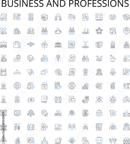 Business and professions outline icons collection. Management, Entrepreneur, Lawyer, Accountant, Engineer, Consultant, Analyst vector illustration set. Consultancy, Broker, Banking linear signs