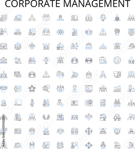 Corporate Management outline icons collection. Corporate, Management, Leadership, Organizing, Planning, Structure, Strategies vector illustration set. Executing, Directing, Decision-Making linear