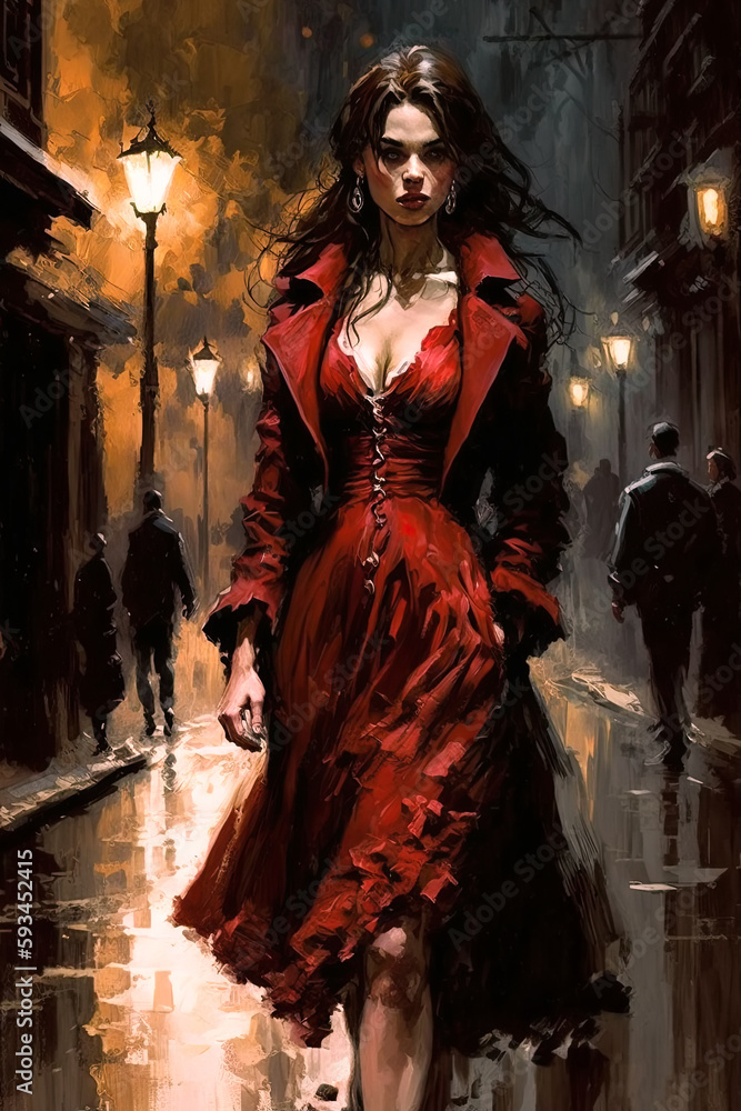 beautiful brunette woman in red dress in street at night in rain. Oil painting. Generative AI illustration