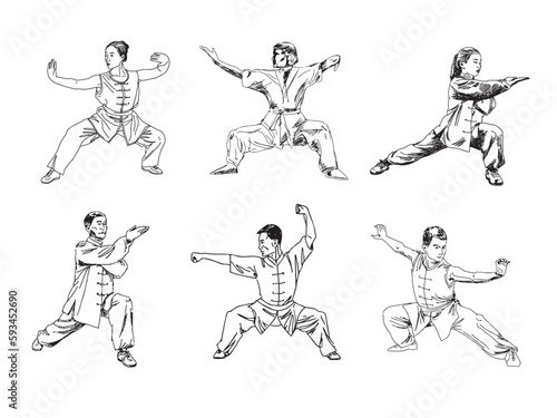 Set of people involved in sports isolated on white background. Wushu, kung fu, taekwondo, karate. Drawn sketch draft. Vector illustration