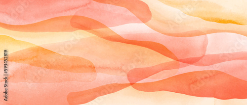 Orange, pink, beige, red watercolor abstract forms with golden lines. Elegant background for card, backdrop, banner, texture, fabric print.