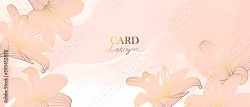 Elegant background with flowers. Line art Lilies on pale watercolor background. 
