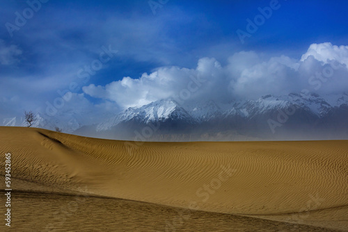 desert in the snow mountains, cold desert and snow peaks, landscape of dune desert and snow caped mountains 