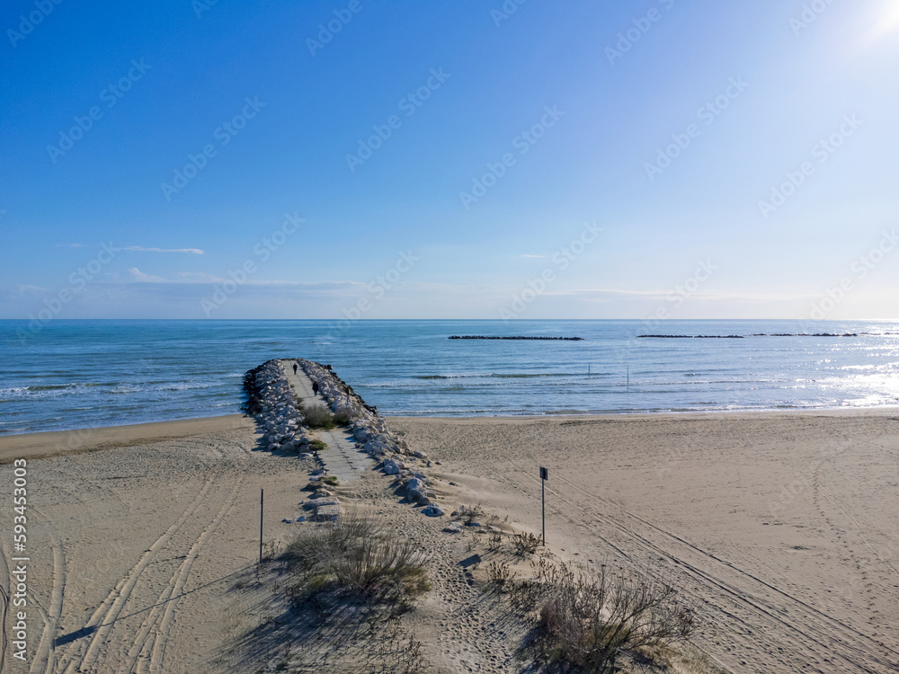 Landscape Aerial view. Beach, coast, Italy Pescara. Sea view. Sand, stones, waves.