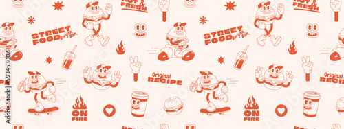 Burger retro cartoon fast food seamless pattern. Comic character, slogan, quotes and other elements for burger bar, cafe, restaurant. Groovy funky trendy vector illustration and background.
