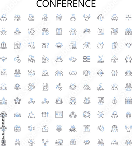 Conference outline icons collection. Meeting, Event, Gathering, Seminar, Summit, Forum, Retreat vector illustration set. Assembly, Symposium, Expo linear signs