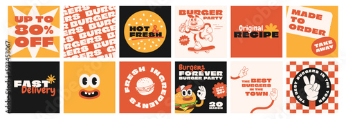 Burger retro cartoon fast food posters and cards Fototapet