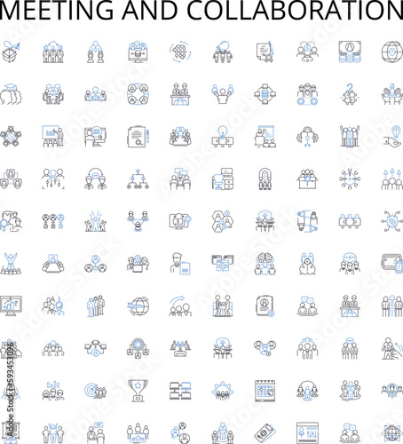 Meeting and collaboration outline icons collection. Coordinating, Collaborating, Connecting, Convening, Discussing, Networking, Assembling vector illustration set. Communicating, Combining, Unifying