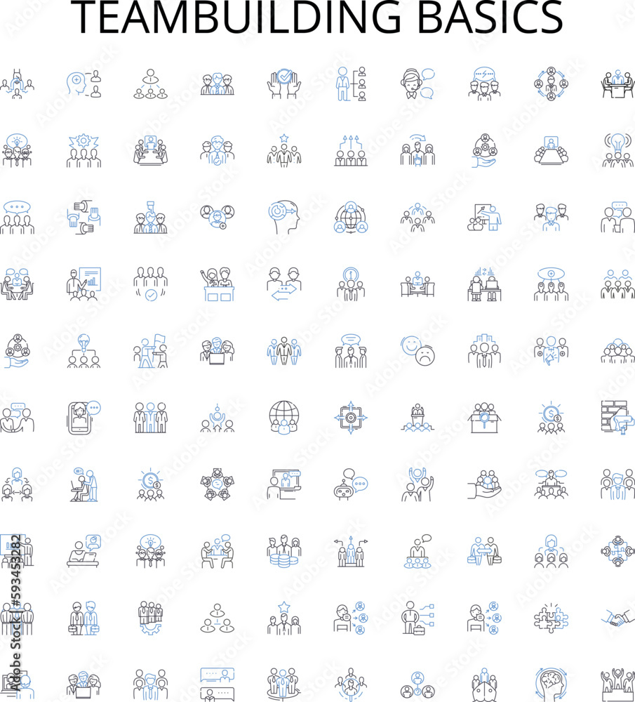 Teambuilding basics outline icons collection. Teamwork, communication, collaboration, trust, respect, leadership, negotiation vector illustration set. planning, delegation, problem-solving linear Teambuilding basics outline icons collection. Teamwork, communication, collaboration, trust, respect, leadership, negotiation vector illustration set. planning, delegation, problem-solving linear