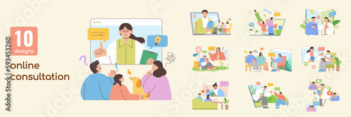Online consultation flat design set