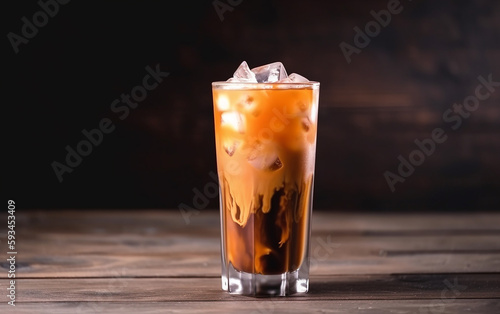 Cooling summer drink Thai Iced Tea topped with a splash of evaporated milk in the glass. Asian traditional milk tea. Generative AI