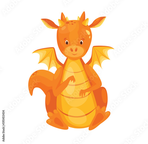 Concept Dragon little. The illustration features a cute orange dragon, rendered in a flat, vector style with a cartoon-like appearance. Vector illustration.