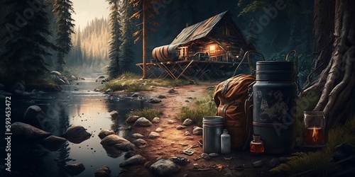 Fotografie, Tablou Old green camping shack in the forest by a river