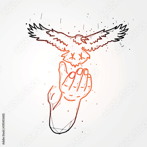 Polygonal vector illustration of a hand and a bird. Abstract concept symbolizing freedom.