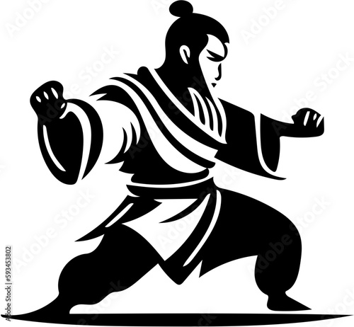 Mascot logo of a kung fu fighter in black and white, silhouette illustration of a martial artist 