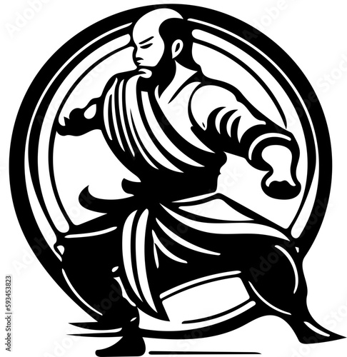Mascot logo of a kung fu fighter in black and white, silhouette illustration of a martial artist 