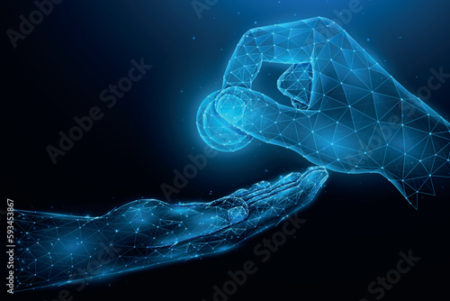 Polygonal vector illustration of a hand giving money to a needy person. The concept of borrowing, paying, charity, or investing.