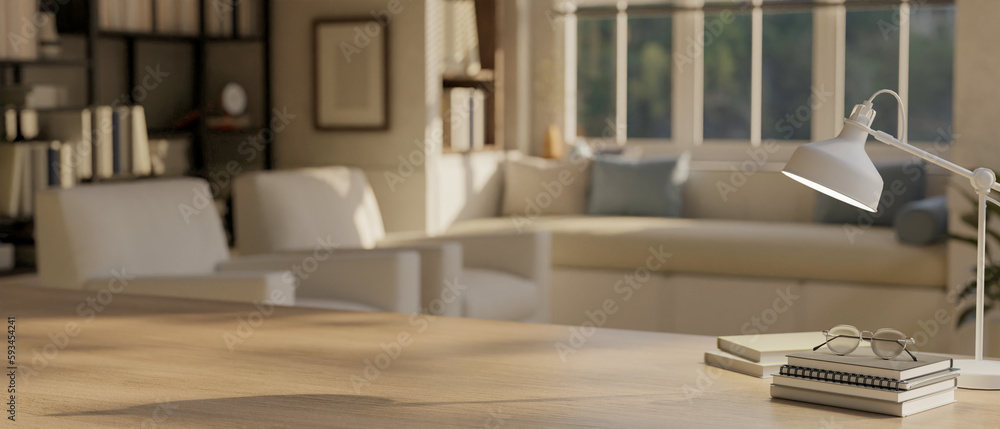 Empty mockup space on a wooden table in modern contemporary living room. Empty mockup space on a wooden table in modern contemporary living room.