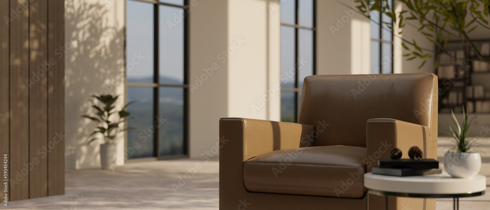 Fototapeta premium Modern brown leather armchair with side table in modern contemporary living room.