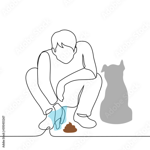 man cleans the poop of his dog sitting next to him in a plastic bag - one line drawing vector. the concept clean up after the pet