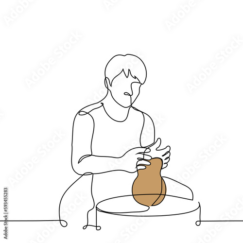 man sits at a potter's wheel sculpts a vase - one line drawing vector. the concept of pottery