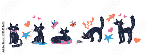 Cute cat characters collection in different poses flat vector illustration isolated on white background. Set of funny pet animals. Domestic black cat for veterinary and pets care theme.