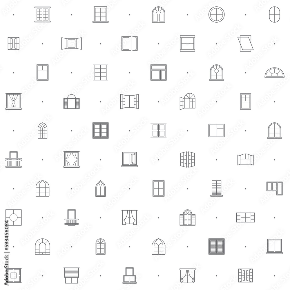 Seamless pattern with window icon on white background. Included the icons as open, close, curtain, French door, glass and design elements And Other Elements. Seamless pattern with window icon on white background. Included the icons as open, close, curtain, French door, glass and design elements And Other Elements.